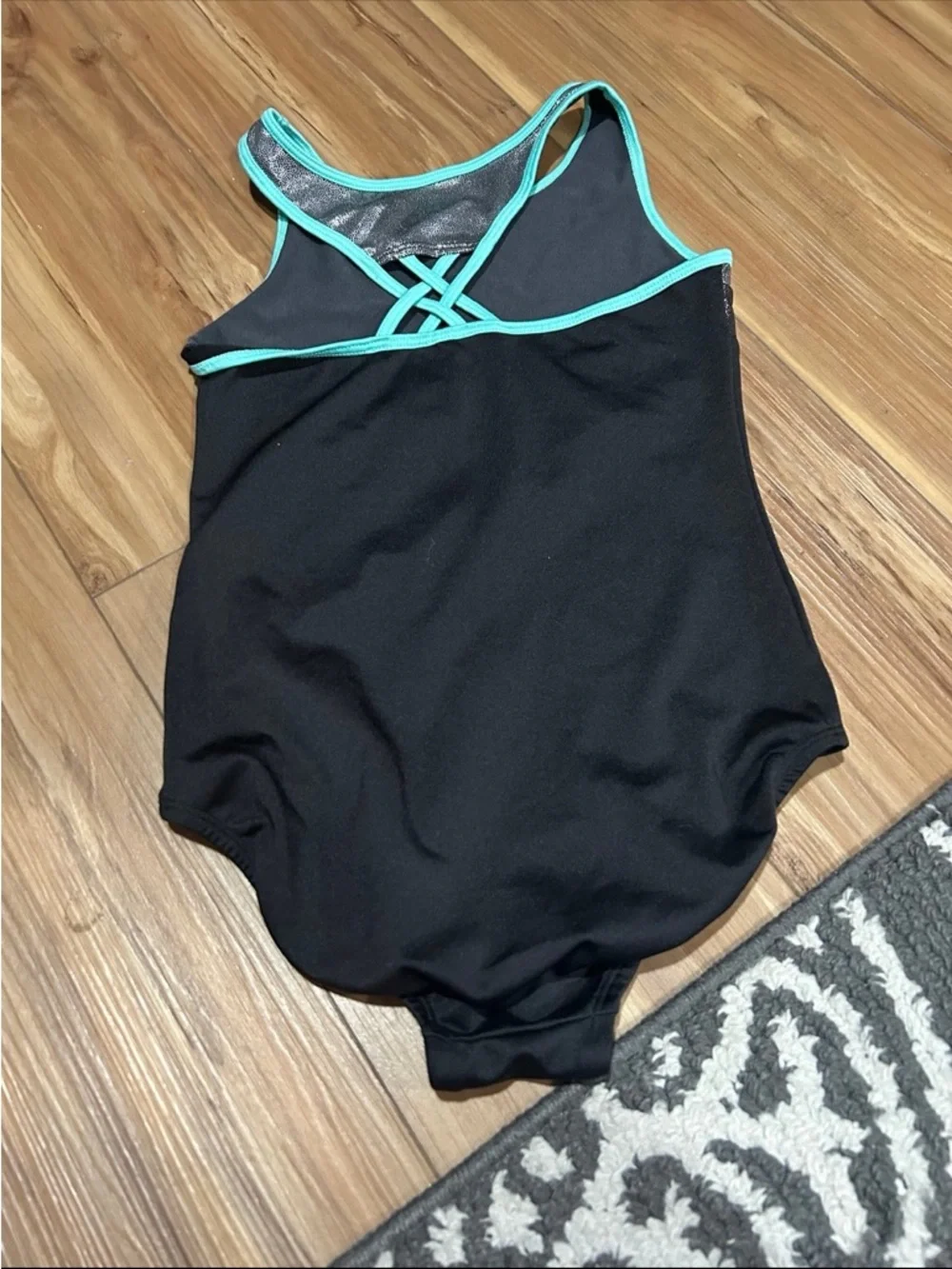 Justice Girls Black Bodysuit with Silver Panels and Aqua Trim Dance Wear